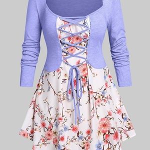 Floral print lace up 2 in 1 T-shirt